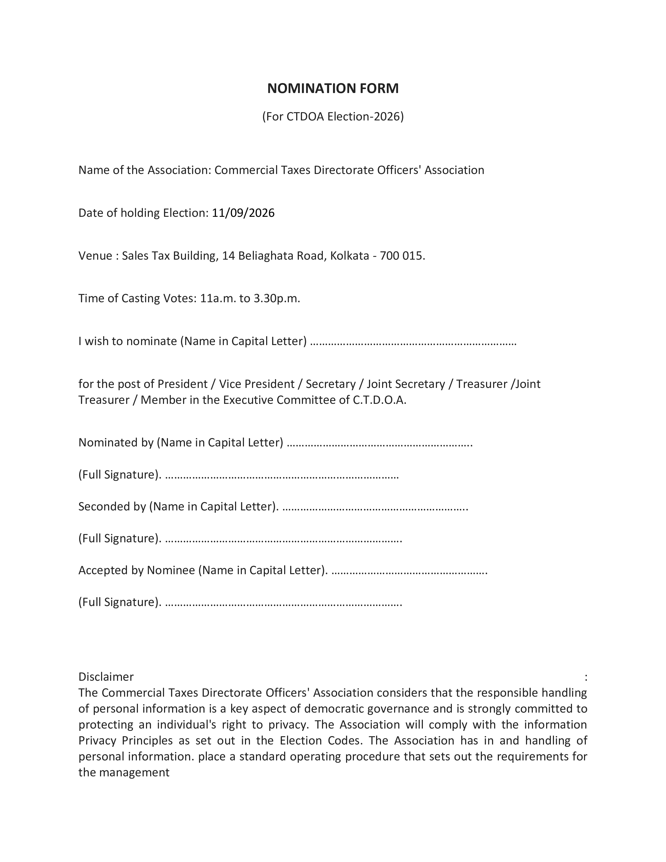 ELECTION NOMINATION FORM 2026